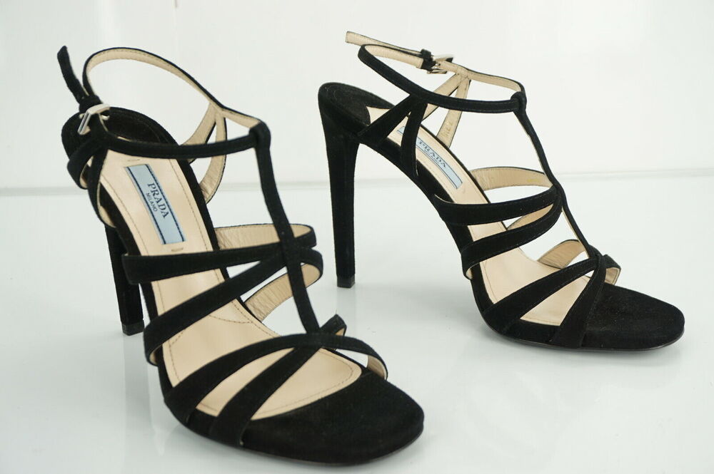 Prada Strappy Black Suede Strappy High Heel Cage Sandals Ankle Strap